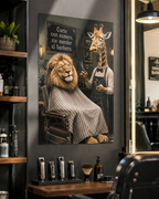 Affiche murale amusante d'animaux de barbier lion girafe espagnol, décoration murale humoristique pour caverne d'homme