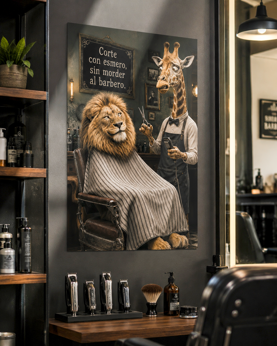 Affiche murale amusante d'animaux de barbier lion girafe espagnol, décoration murale humoristique pour caverne d'homme