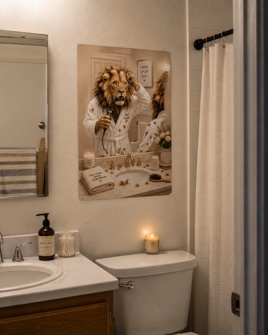 Funny Lion Bad Hair Day Poster, Humorous Animal Bathroom Art Print