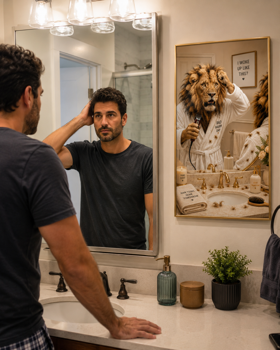 Funny Lion Bad Hair Day Poster, Humorous Animal Bathroom Art Print