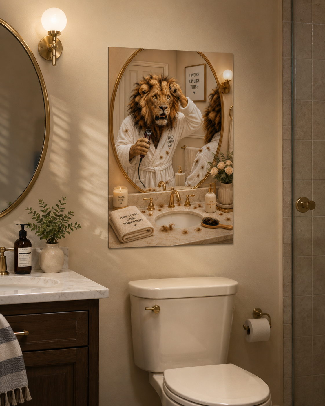 Funny Lion Bad Hair Day Poster, Humorous Animal Bathroom Art Print