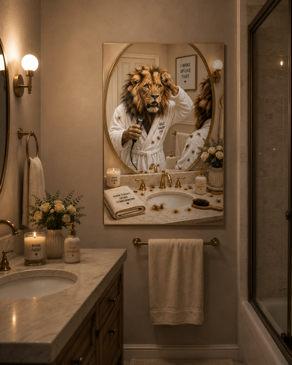Funny Lion Bad Hair Day Poster, Humorous Animal Bathroom Art Print