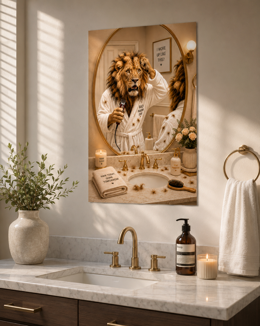 Funny Lion Bad Hair Day Poster, Humorous Animal Bathroom Art Print