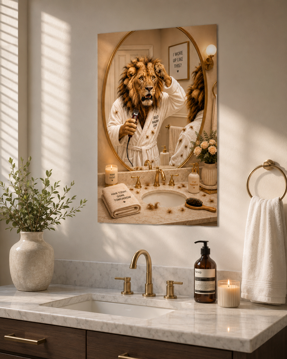 Funny Lion Bad Hair Day Poster, Humorous Animal Bathroom Art Print