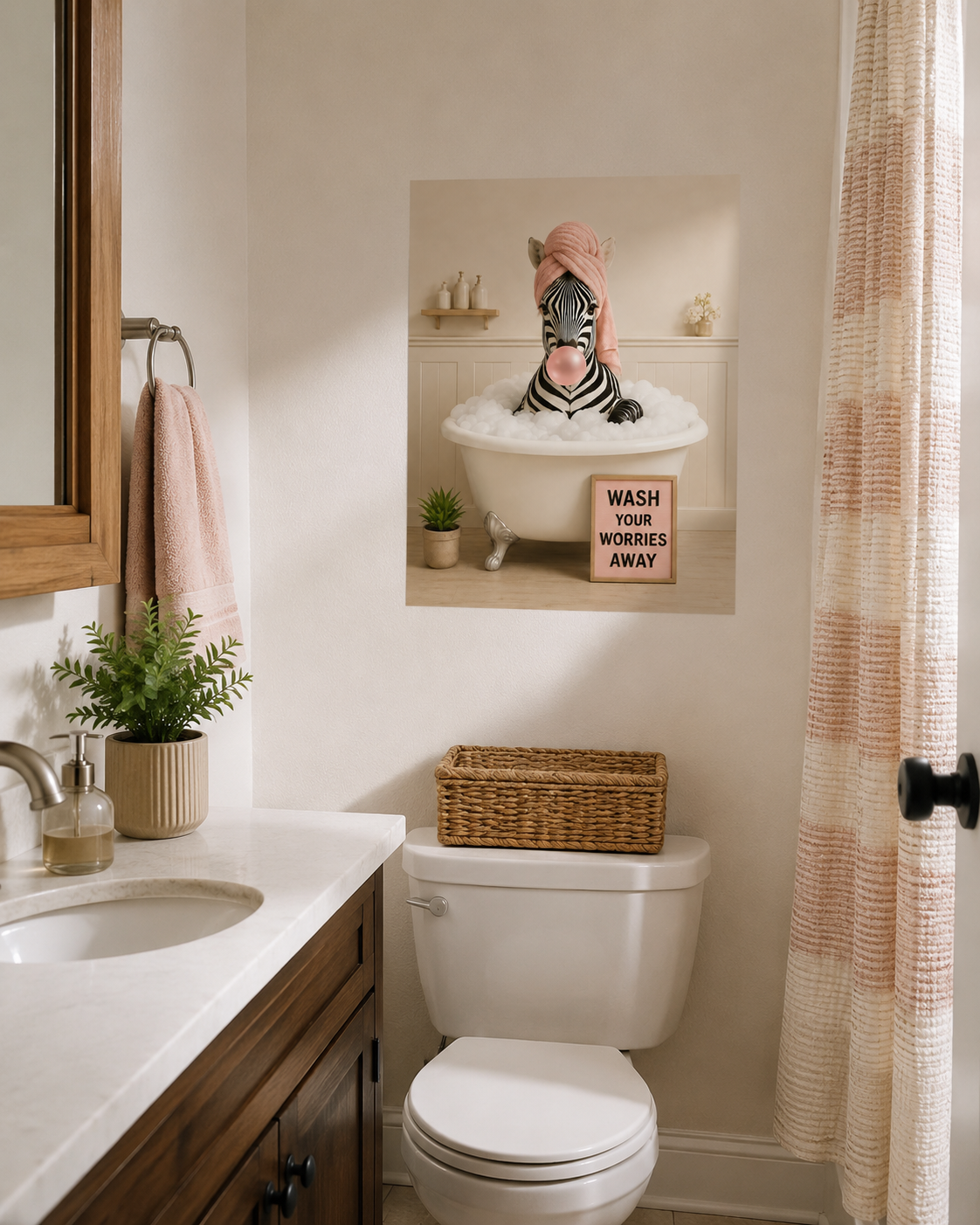 Funny Zebra Bath Poster, Wash Worries Away Wall Art, Whimsical Animal Print