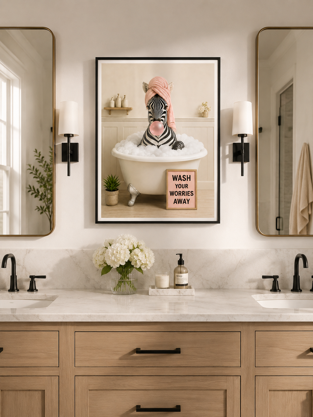 Funny Zebra Bath Poster, Wash Worries Away Wall Art, Whimsical Animal Print