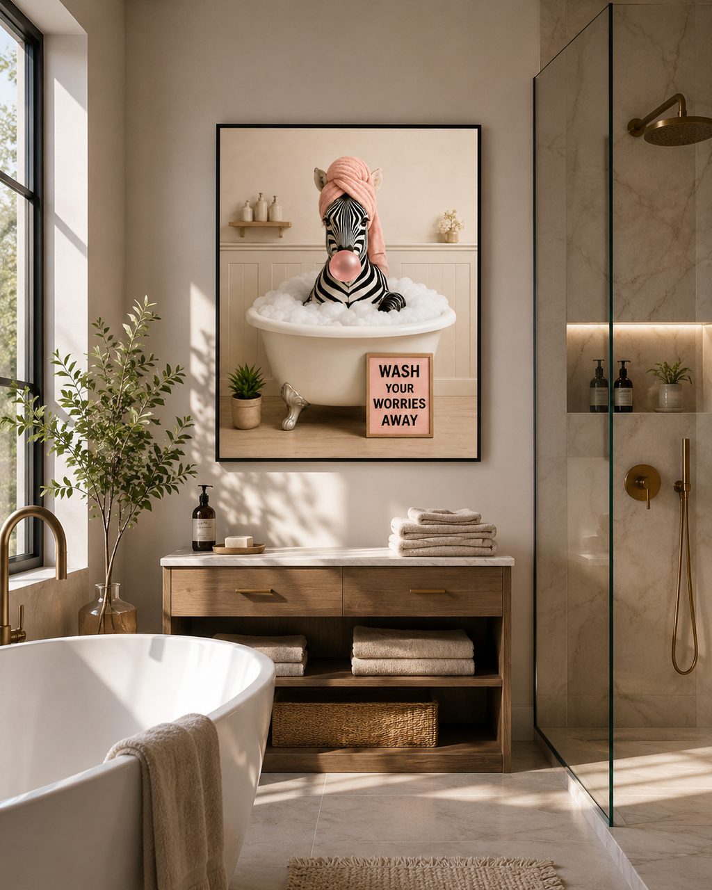Funny Zebra Bath Poster, Wash Worries Away Wall Art, Whimsical Animal Print