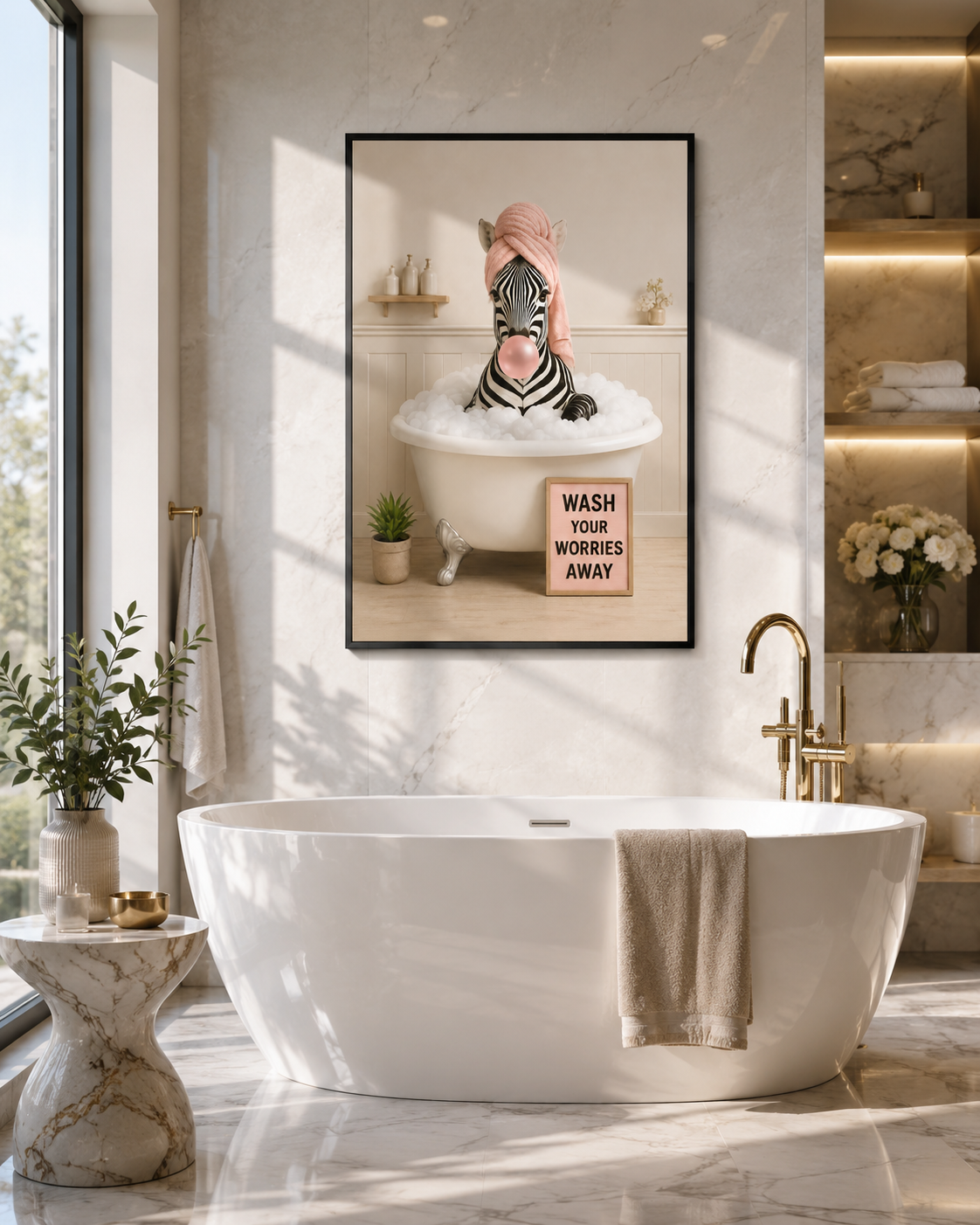 Funny Zebra Bath Poster, Wash Worries Away Wall Art, Whimsical Animal Print