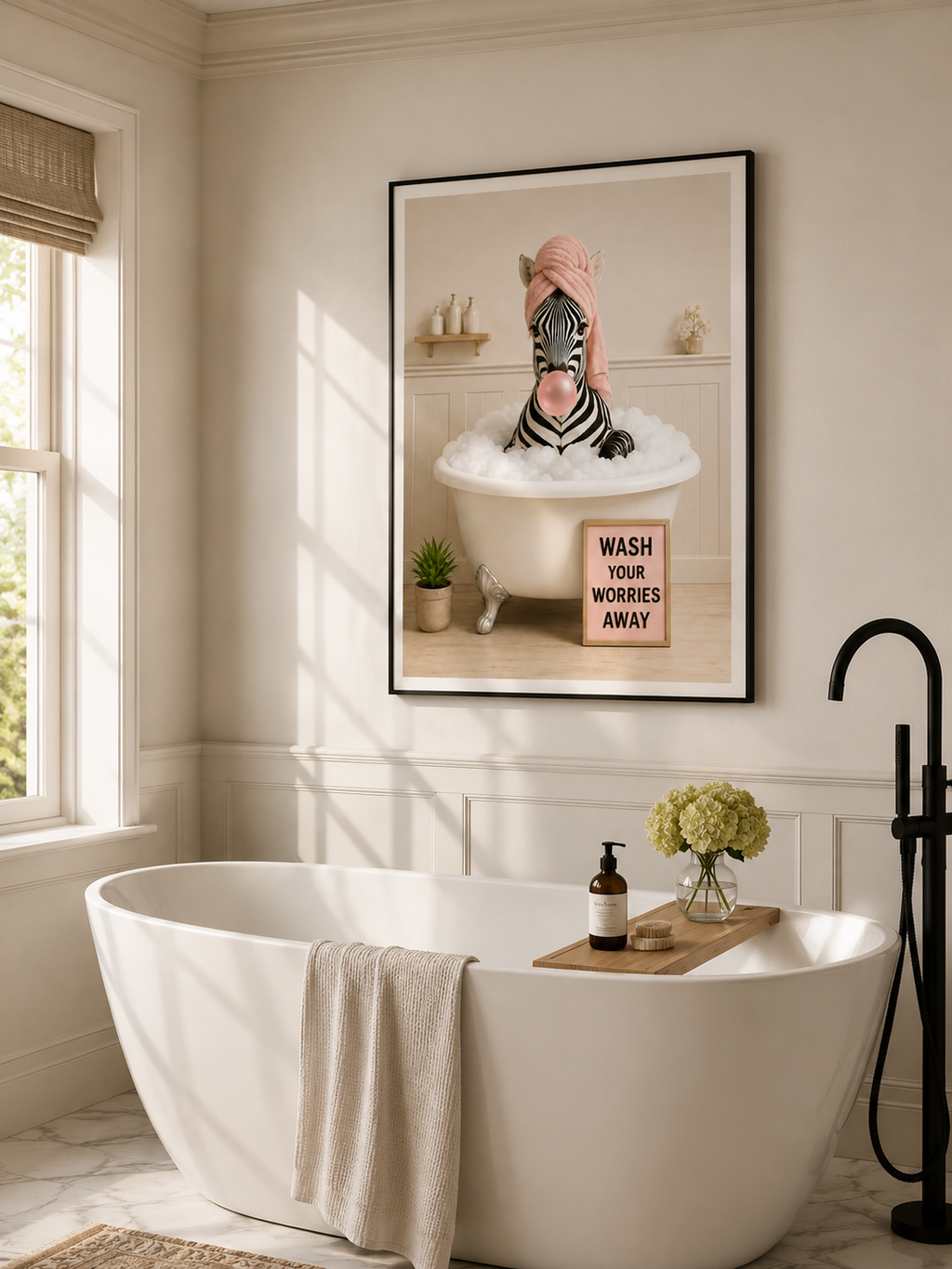 Funny Zebra Bath Poster, Wash Worries Away Wall Art, Whimsical Animal Print
