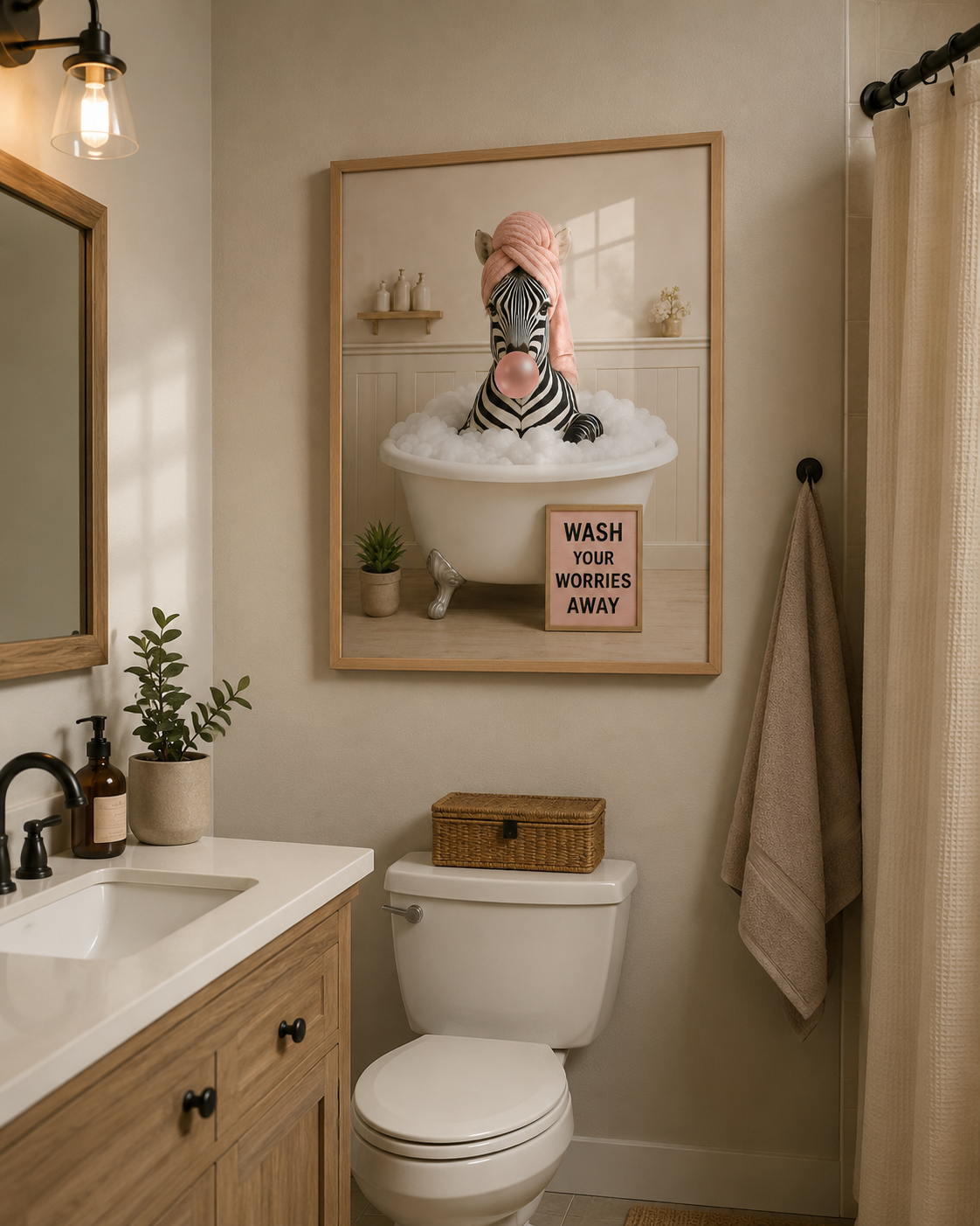 Funny Zebra Bath Poster, Wash Worries Away Wall Art, Whimsical Animal Print
