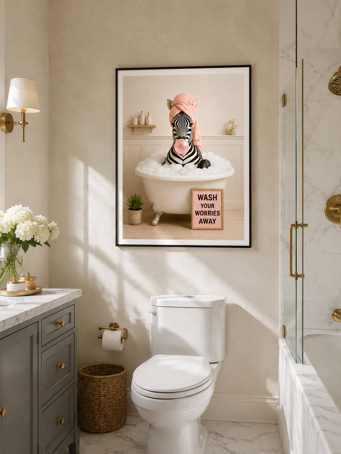 Funny Zebra Bath Poster, Wash Worries Away Wall Art, Whimsical Animal Print