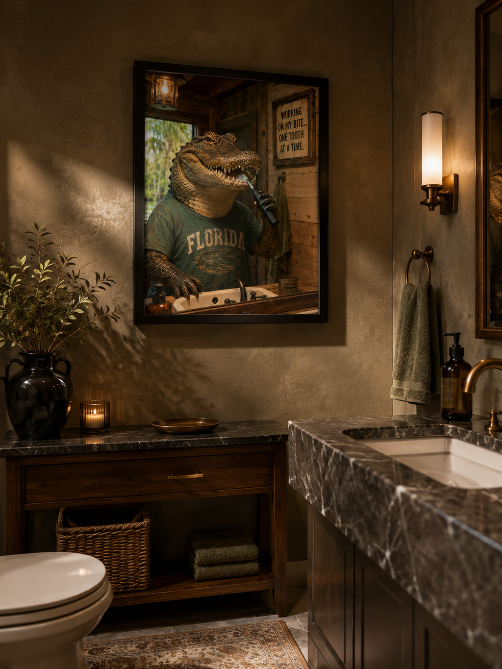 Affiche humoristique d'alligator pour salle de bain. « Working on My Bite » Décoration murale pour cabinet dentaire