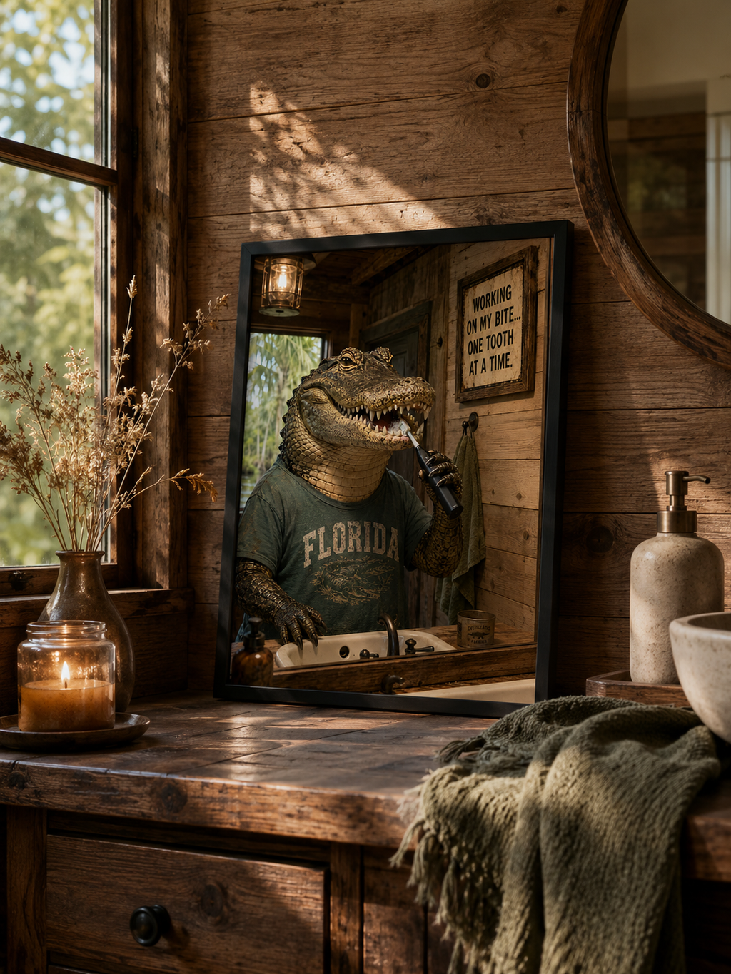 Affiche humoristique d'alligator pour salle de bain. « Working on My Bite » Décoration murale pour cabinet dentaire