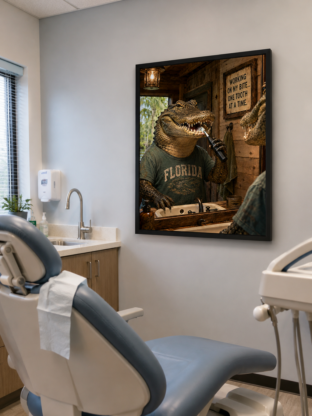 Affiche humoristique d'alligator pour salle de bain. « Working on My Bite » Décoration murale pour cabinet dentaire
