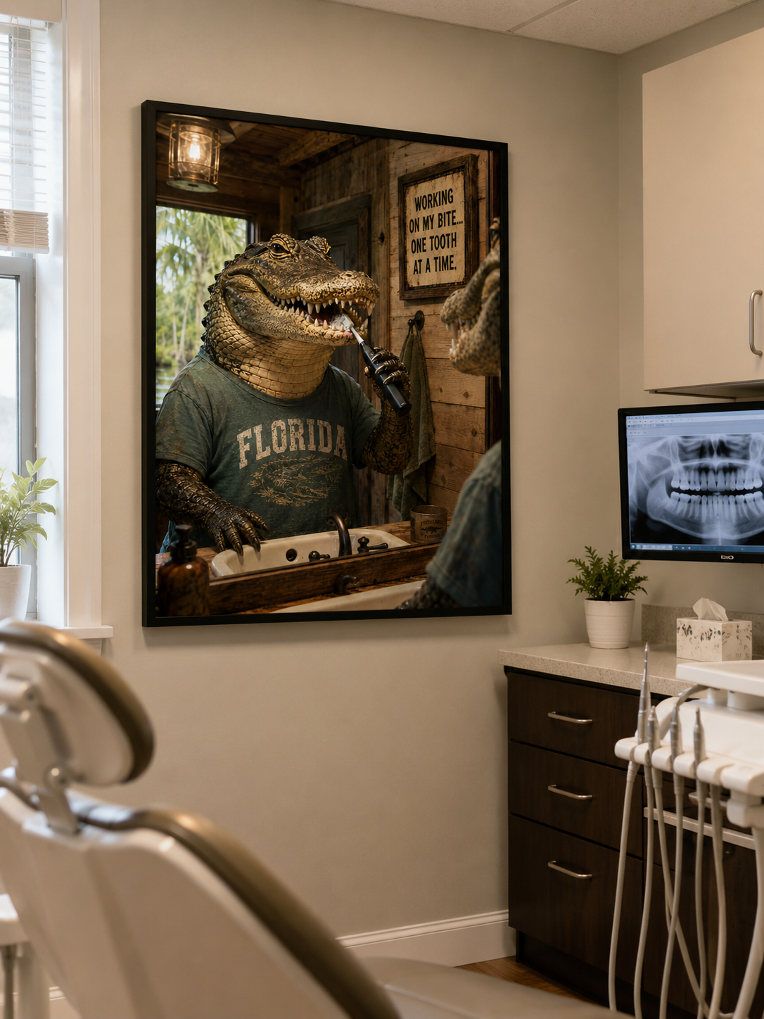 Affiche humoristique d'alligator pour salle de bain. « Working on My Bite » Décoration murale pour cabinet dentaire