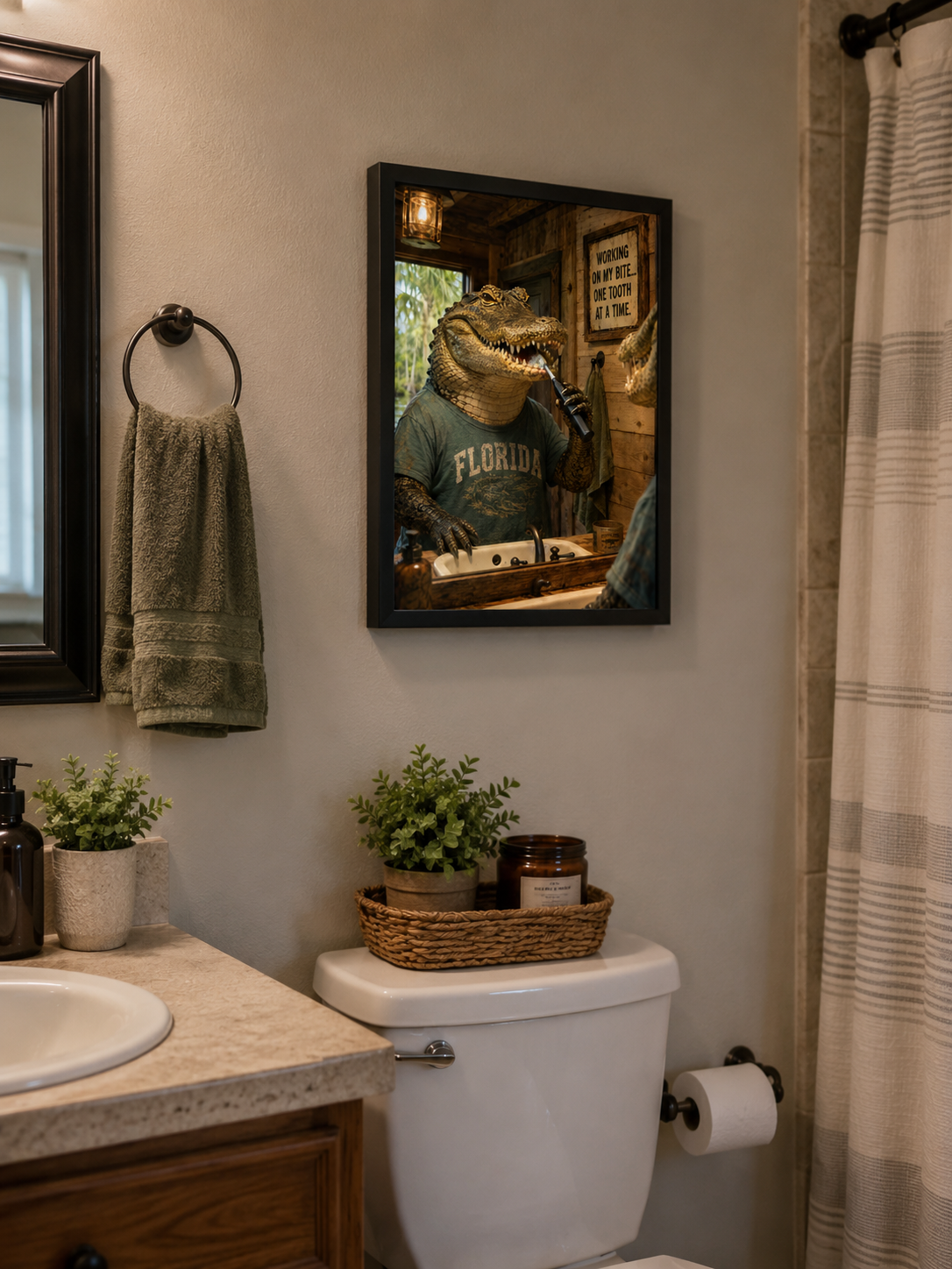 Affiche humoristique d'alligator pour salle de bain. « Working on My Bite » Décoration murale pour cabinet dentaire