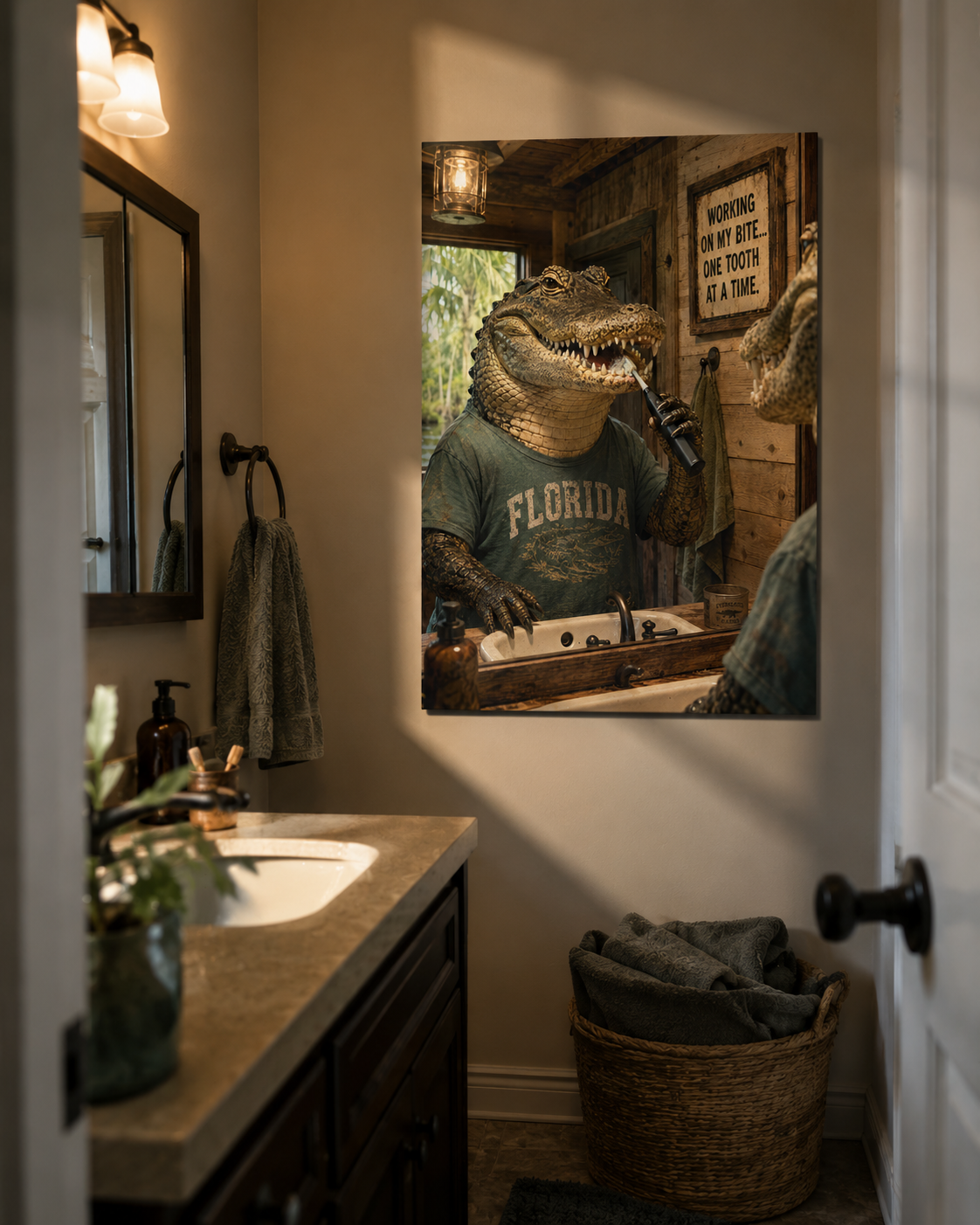Funny Alligator Bathroom Poster. Working on My Bite Wall Art for Dentist Office Decor