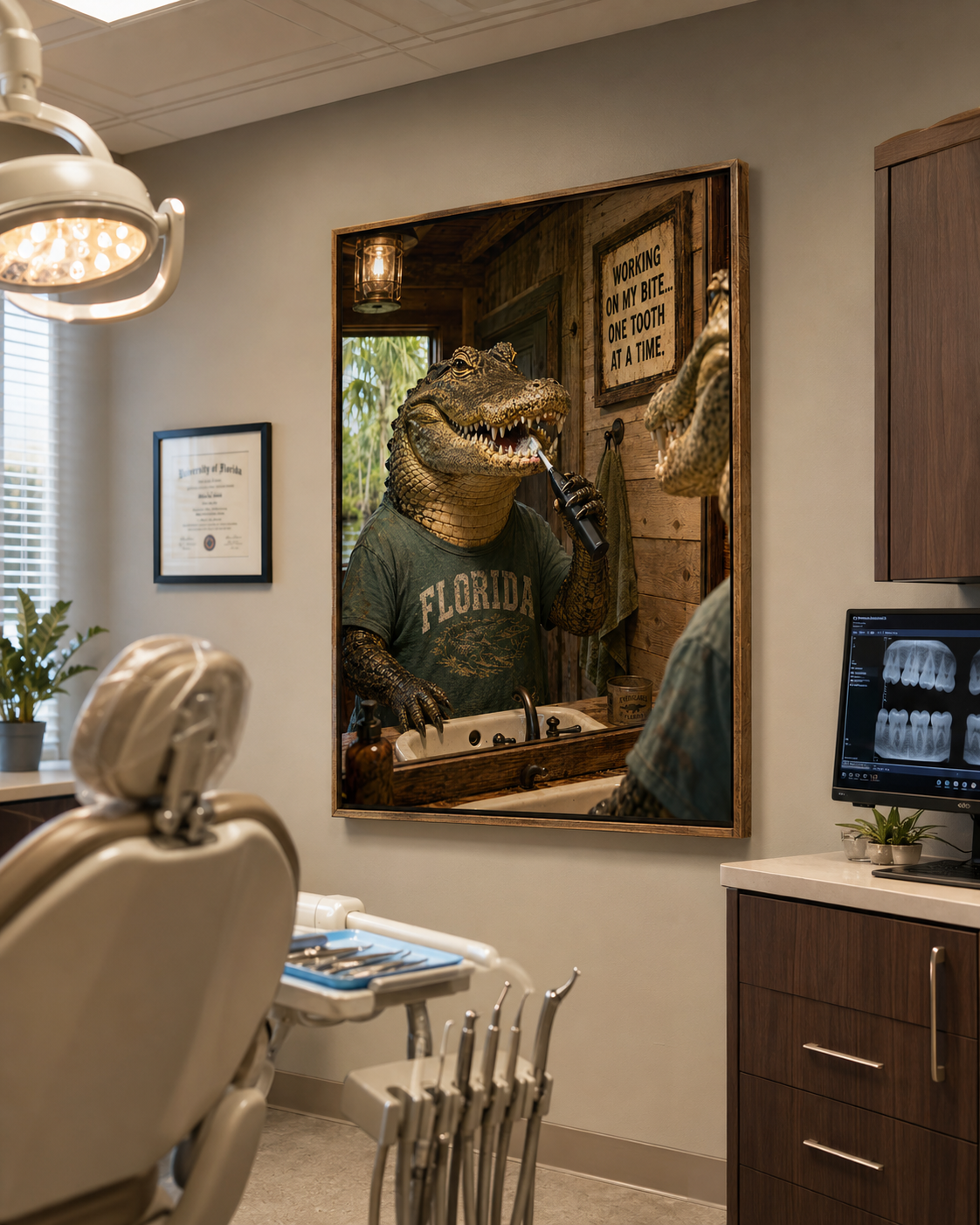 Funny Alligator Bathroom Poster. Working on My Bite Wall Art for Dentist Office Decor