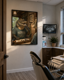 Funny Alligator Bathroom Poster. Working on My Bite Wall Art for Dentist Office Decor