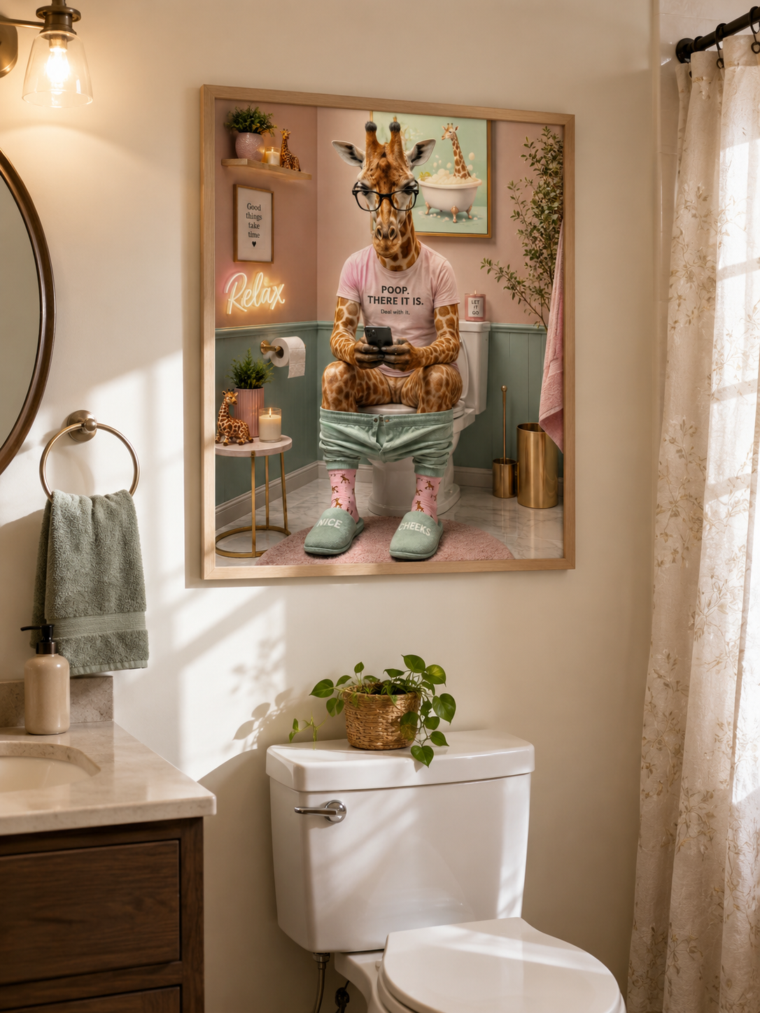 Funny Giraffe Bathroom Wall Art – Whimsical Animal Poster for Guest Bath Decor