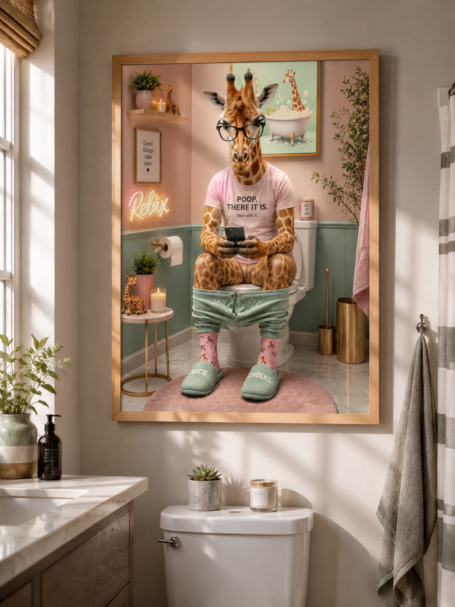 Funny Giraffe Bathroom Wall Art – Whimsical Animal Poster for Guest Bath Decor