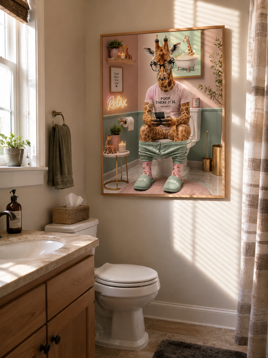 Funny Giraffe Bathroom Wall Art – Whimsical Animal Poster for Guest Bath Decor