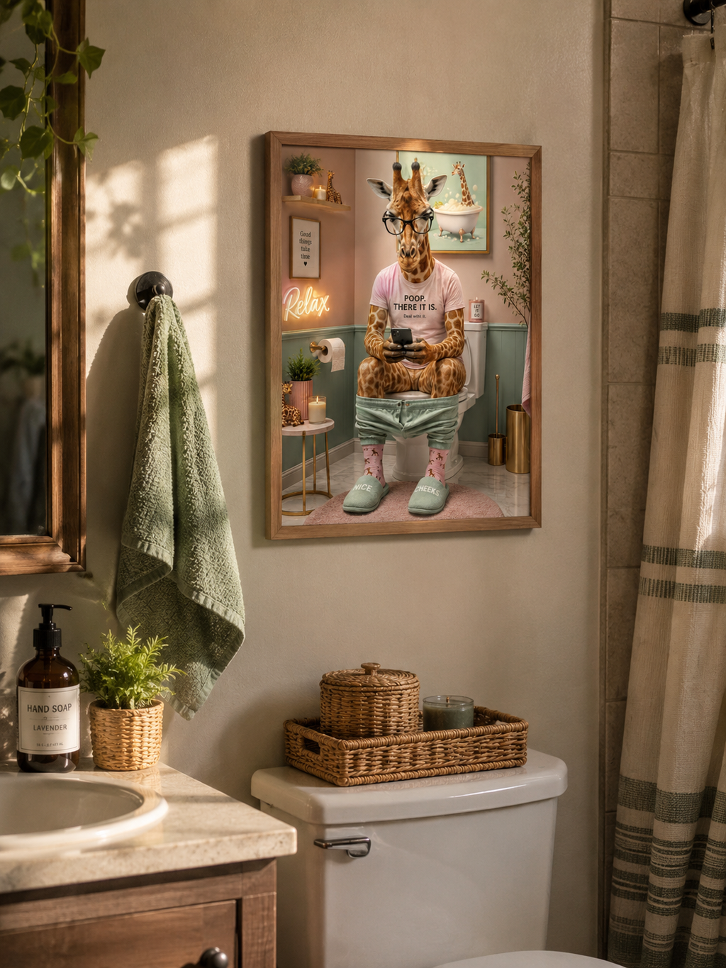 Funny Giraffe Bathroom Wall Art – Whimsical Animal Poster for Guest Bath Decor