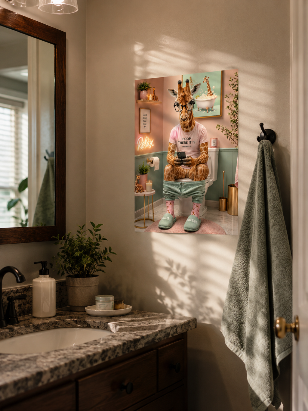 Funny Giraffe Bathroom Wall Art – Whimsical Animal Poster for Guest Bath Decor