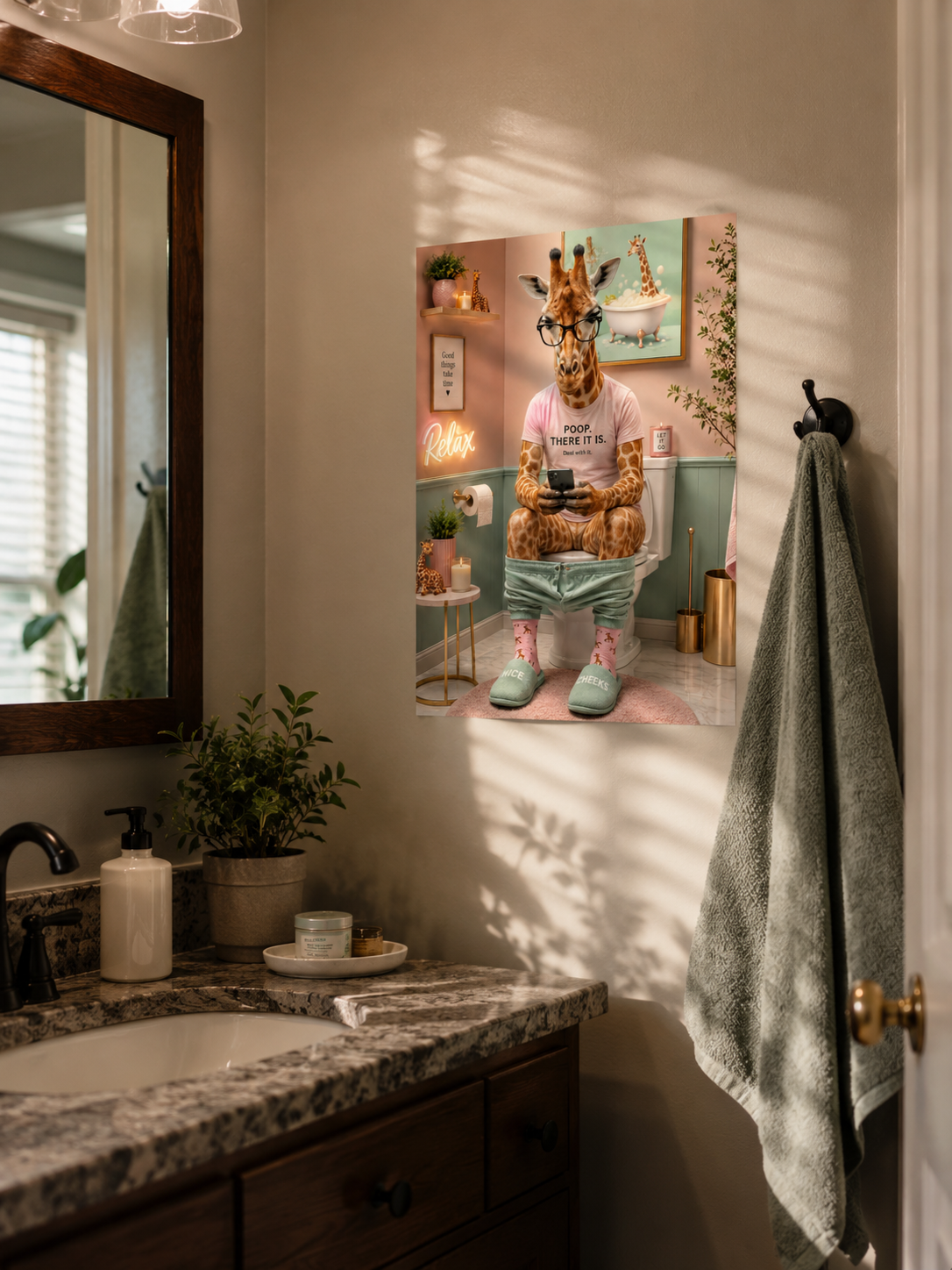 Funny Giraffe Bathroom Wall Art – Whimsical Animal Poster for Guest Bath Decor