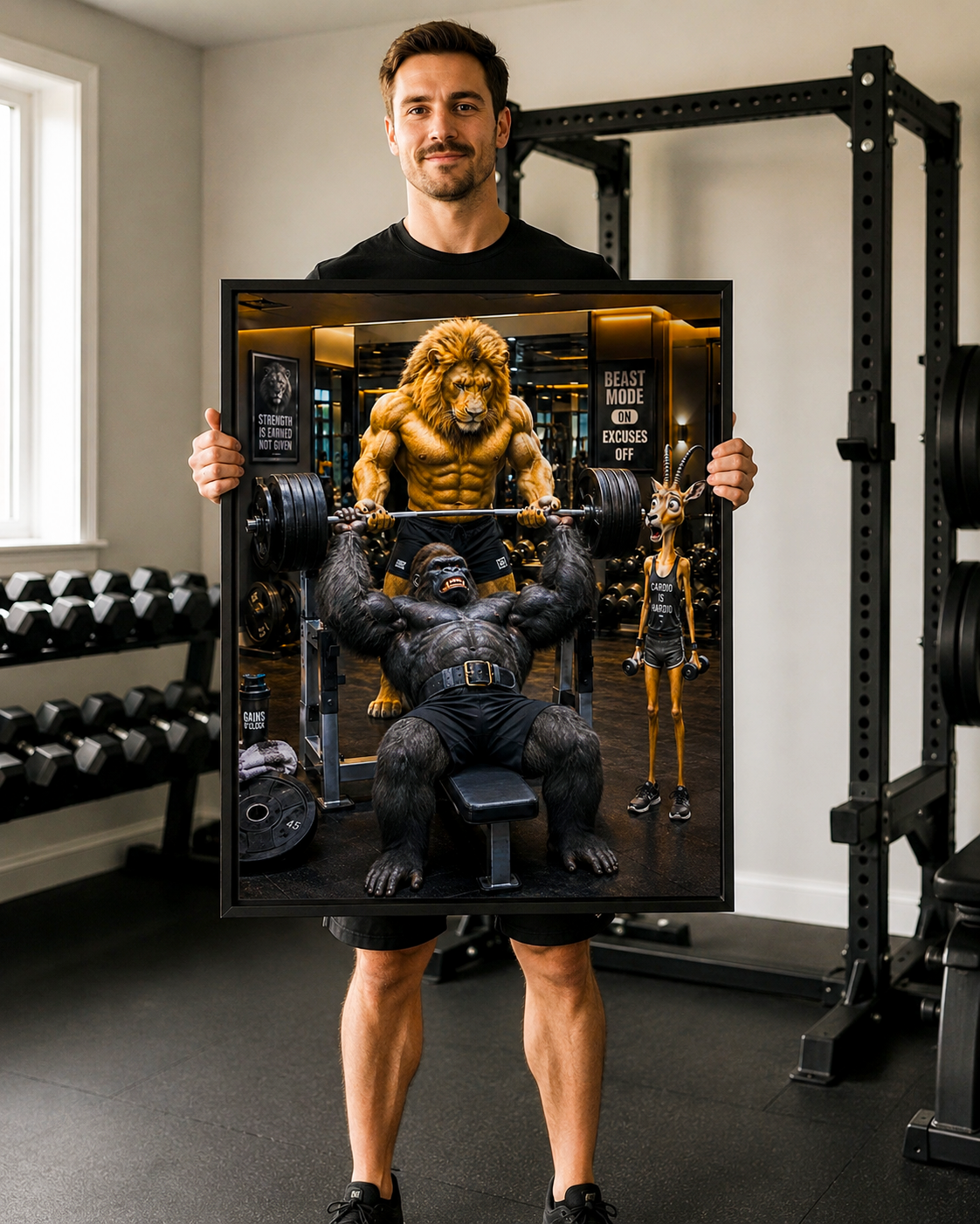 Funny Gorilla Bench Press Poster, Lion Spotter Fitness Wall Art, Workout Animal Print