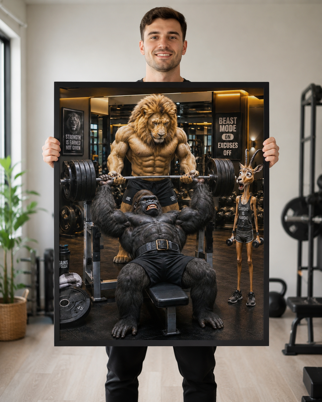 Funny Gorilla Bench Press Poster, Lion Spotter Fitness Wall Art, Workout Animal Print