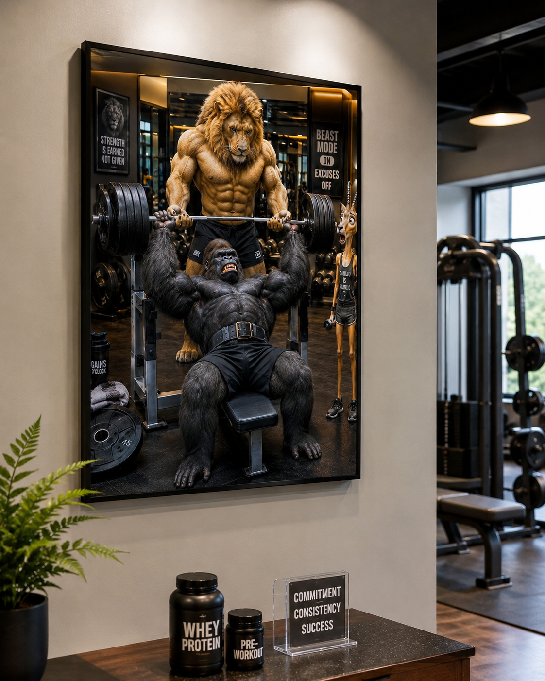 Funny Gorilla Bench Press Poster, Lion Spotter Fitness Wall Art, Workout Animal Print