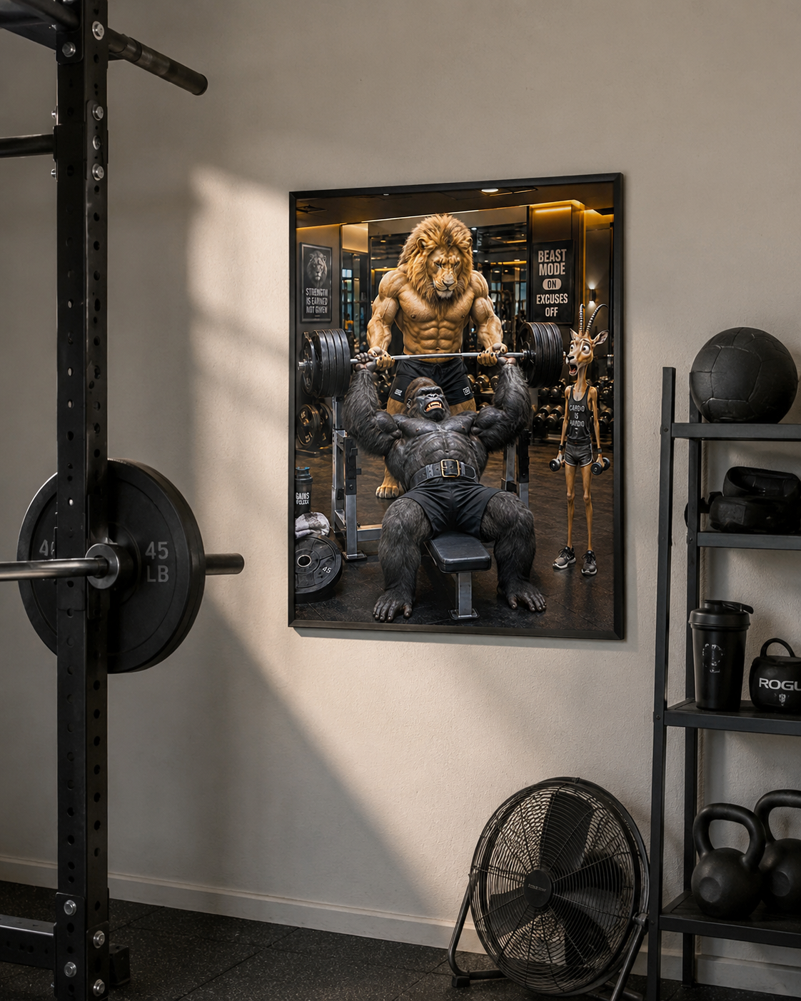 Funny Gorilla Bench Press Poster, Lion Spotter Fitness Wall Art, Workout Animal Print