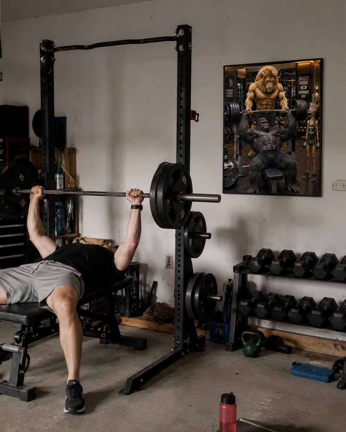 Funny Gorilla Bench Press Poster, Lion Spotter Fitness Wall Art, Workout Animal Print