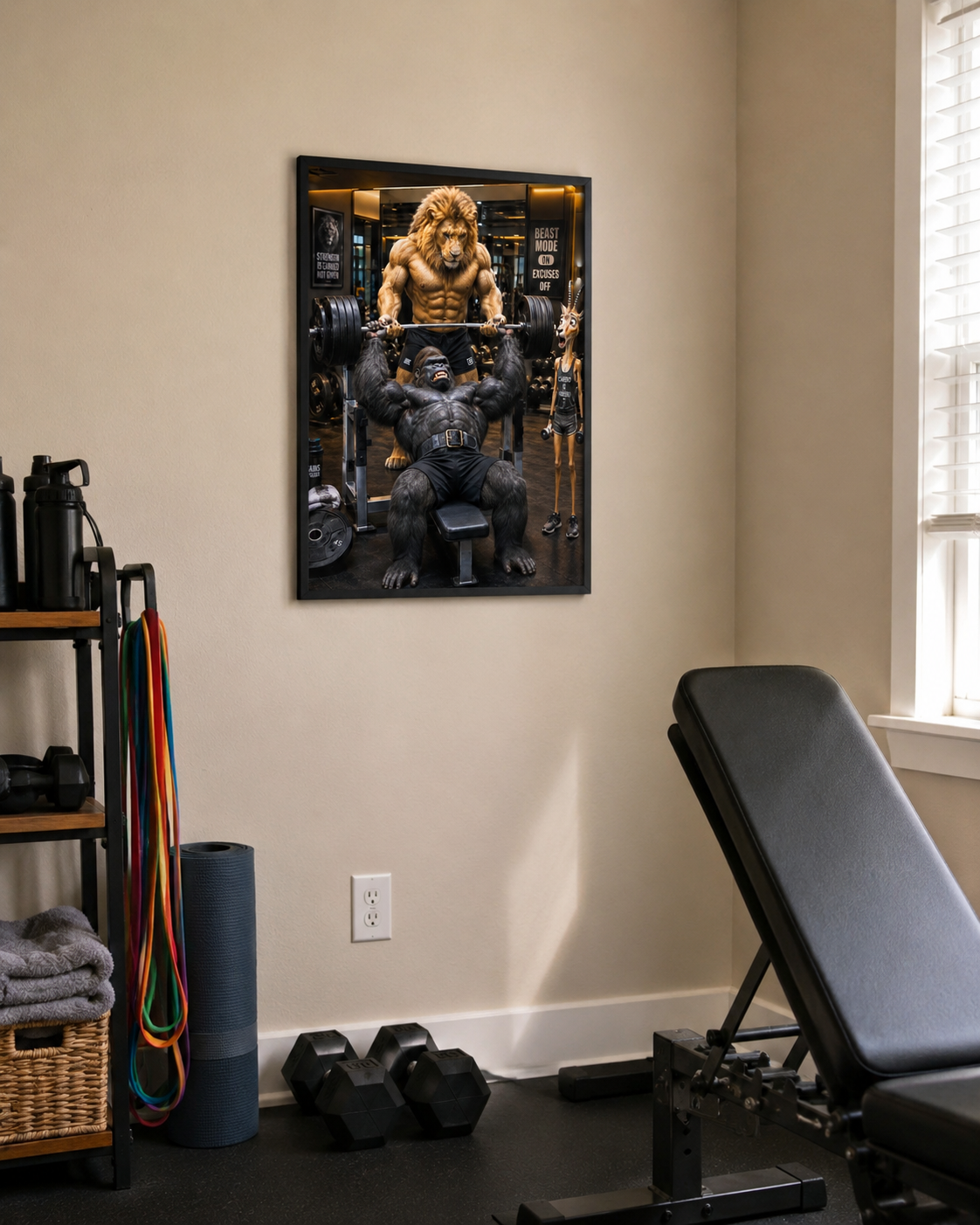 Funny Gorilla Bench Press Poster, Lion Spotter Fitness Wall Art, Workout Animal Print