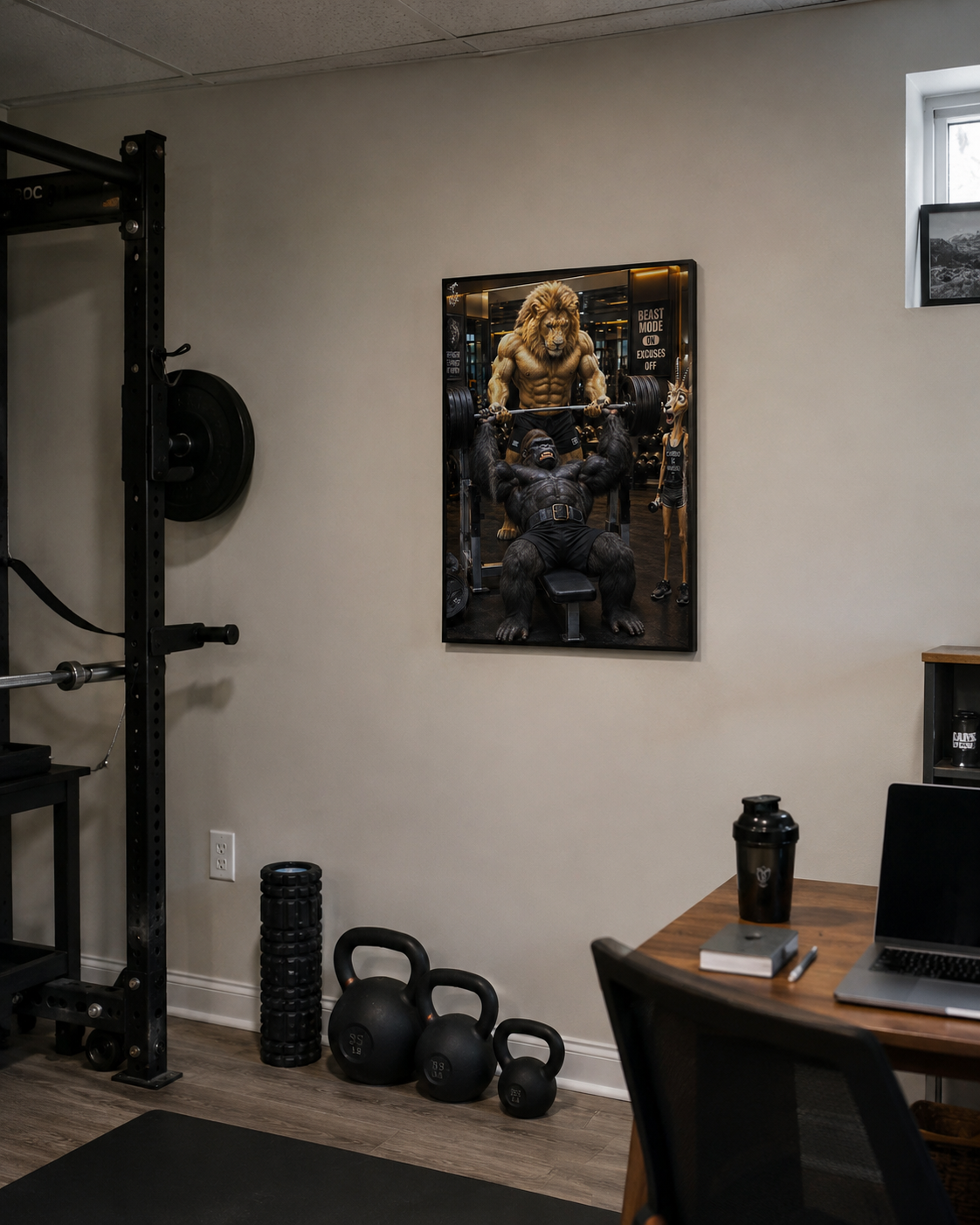 Funny Gorilla Bench Press Poster, Lion Spotter Fitness Wall Art, Workout Animal Print