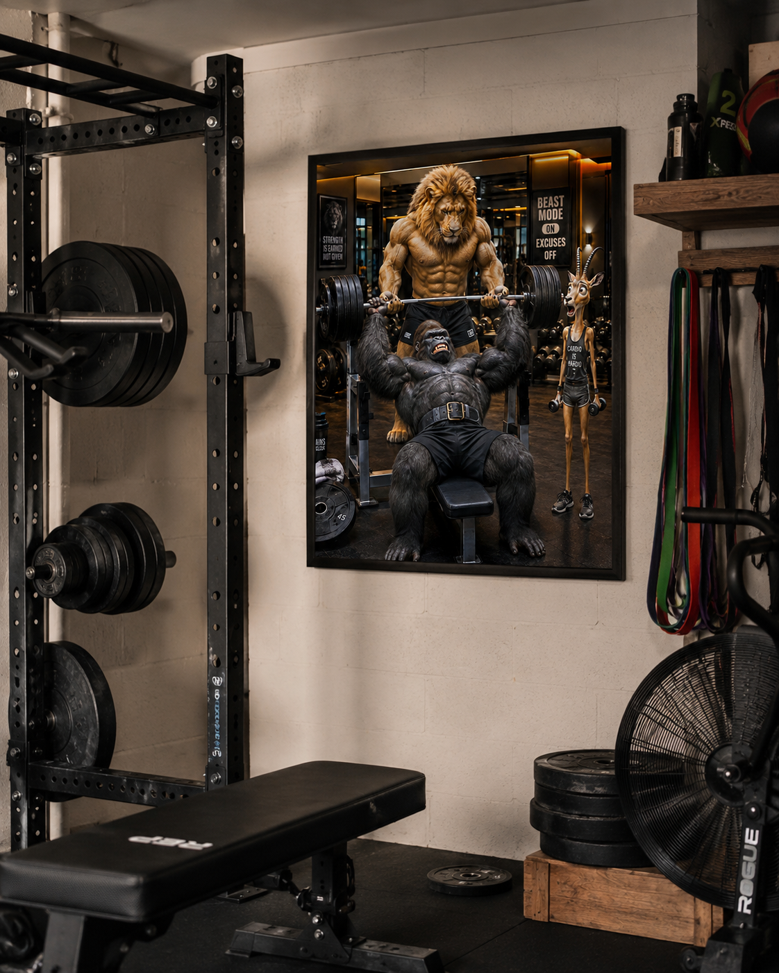 Funny Gorilla Bench Press Poster, Lion Spotter Fitness Wall Art, Workout Animal Print