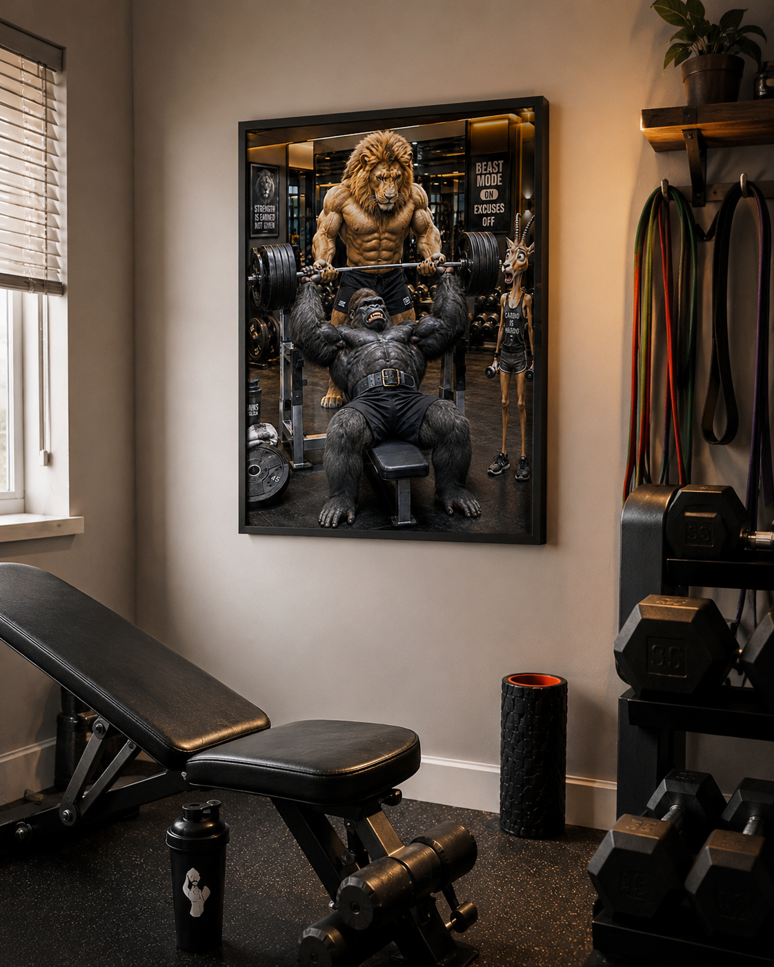 Funny Gorilla Bench Press Poster, Lion Spotter Fitness Wall Art, Workout Animal Print