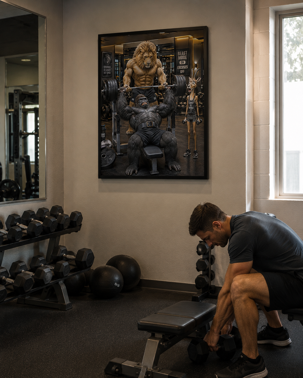 Funny Gorilla Bench Press Poster, Lion Spotter Fitness Wall Art, Workout Animal Print