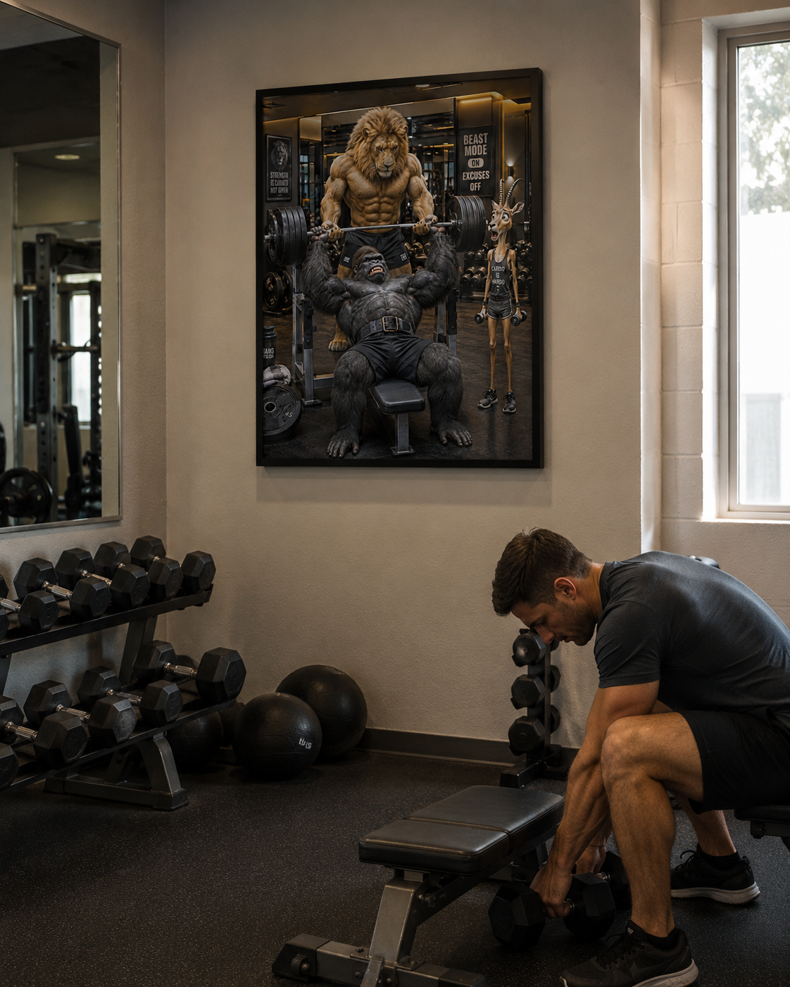 Funny Gorilla Bench Press Poster, Lion Spotter Fitness Wall Art, Workout Animal Print