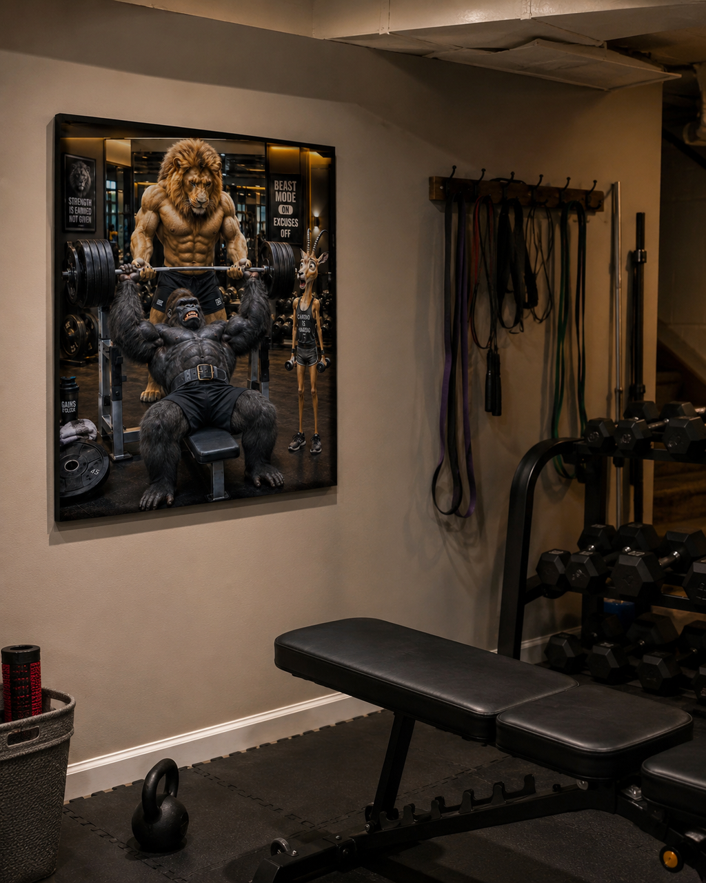 Funny Gorilla Bench Press Poster, Lion Spotter Fitness Wall Art, Workout Animal Print