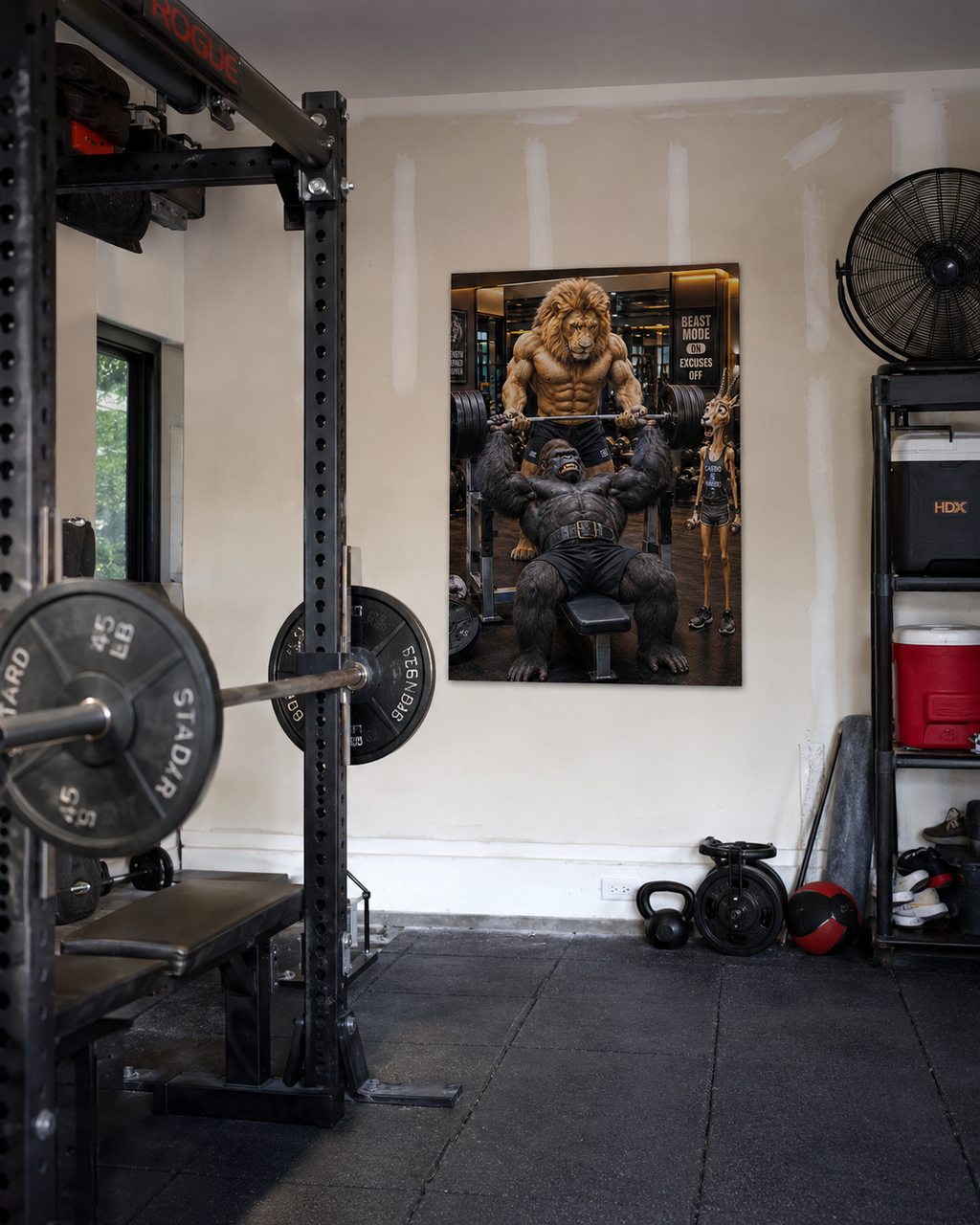 Funny Gorilla Bench Press Poster, Lion Spotter Fitness Wall Art, Workout Animal Print