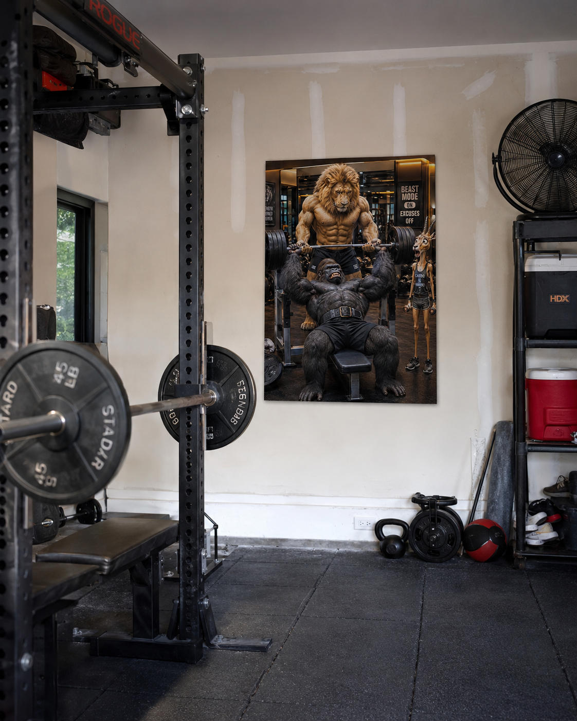 Funny Gorilla Bench Press Poster, Lion Spotter Fitness Wall Art, Workout Animal Print
