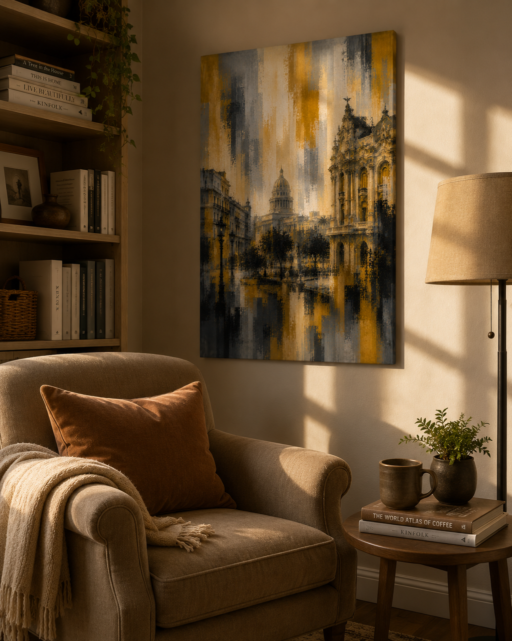 Abstract Havana City Canvas, Gold Black Gray Architecture Wall Art