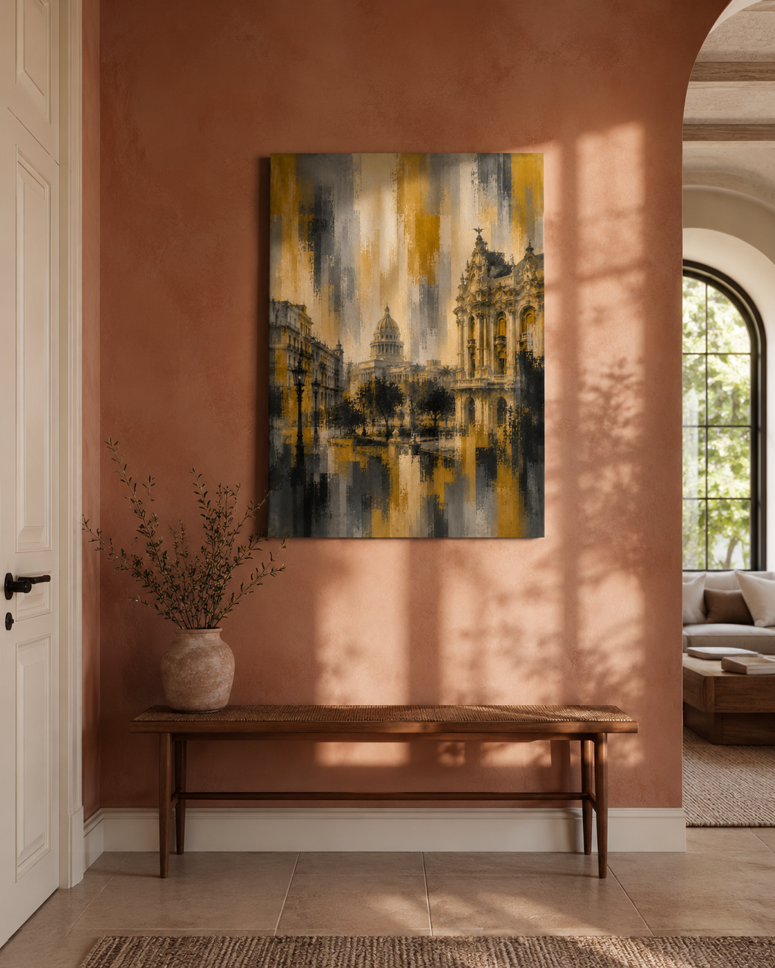 Abstract Havana City Canvas, Gold Black Gray Architecture Wall Art