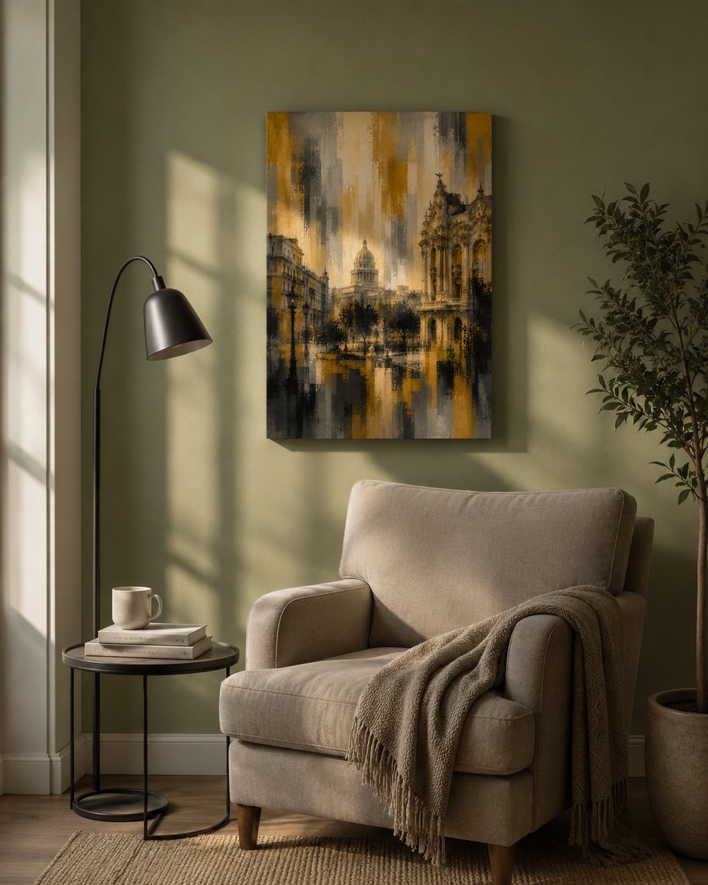 Abstract Havana City Canvas, Gold Black Gray Architecture Wall Art