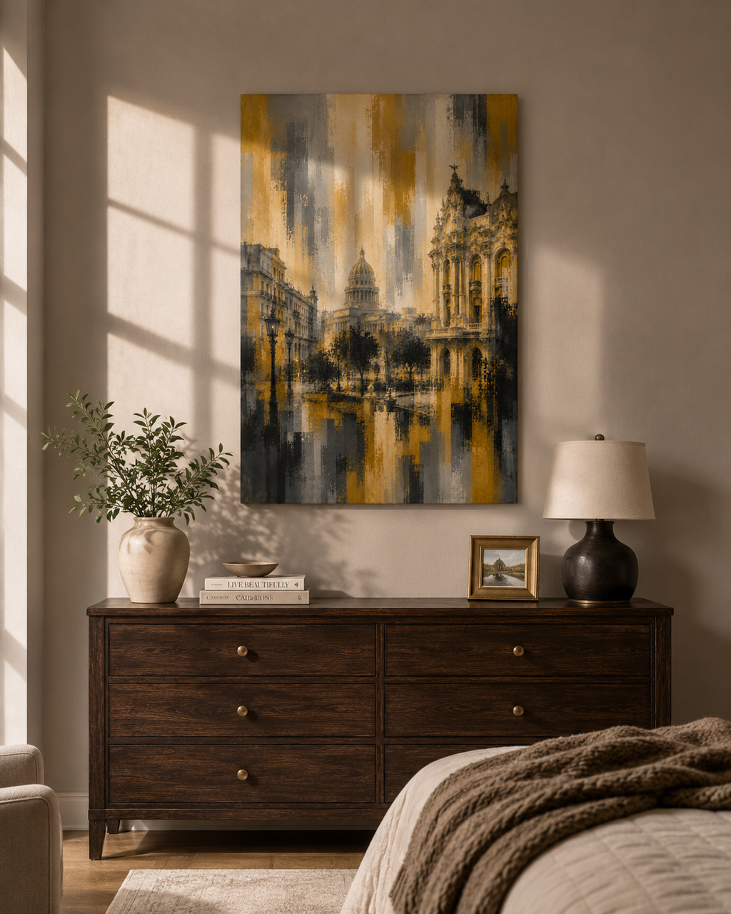Abstract Havana City Canvas, Gold Black Gray Architecture Wall Art