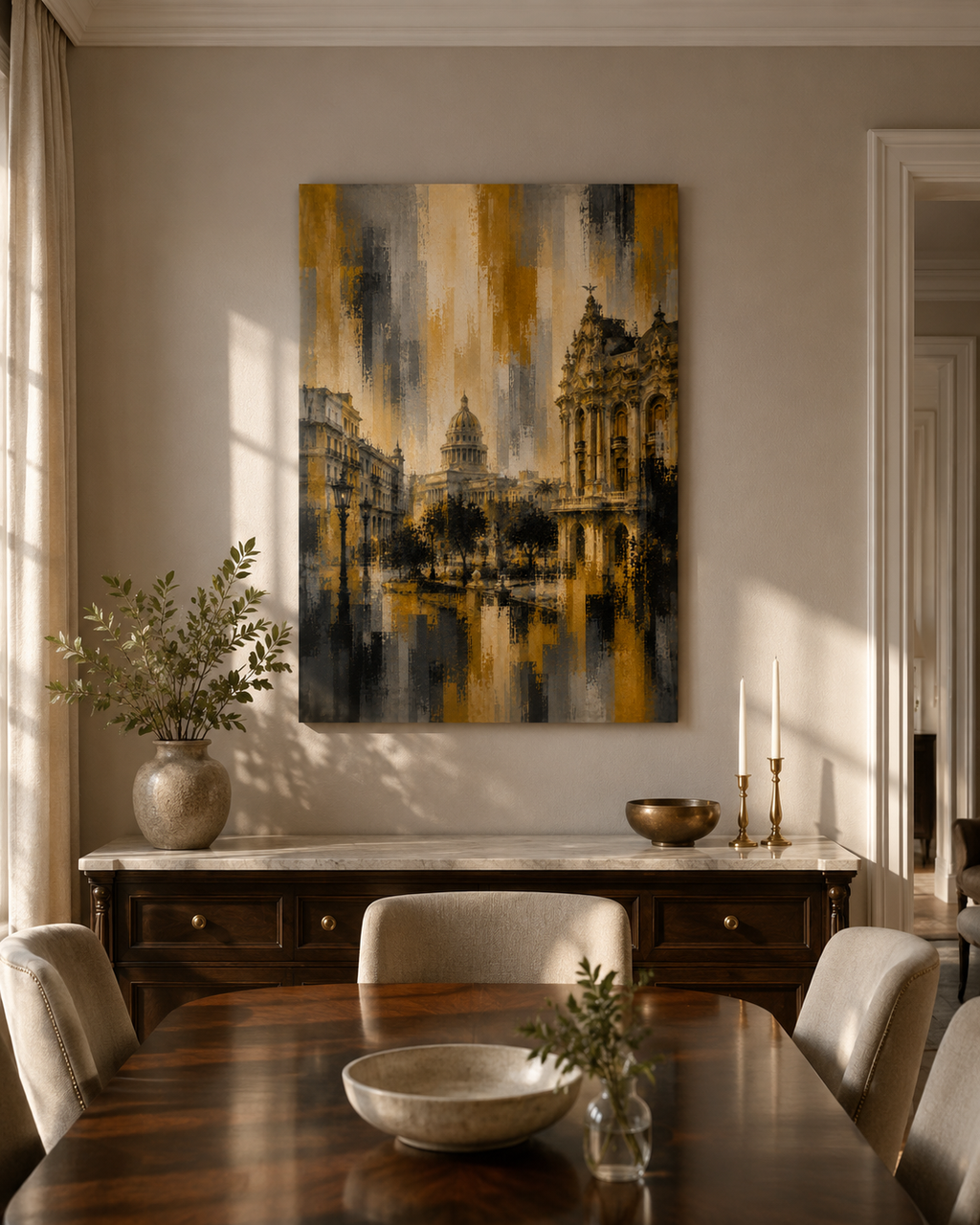 Abstract Havana City Canvas, Gold Black Gray Architecture Wall Art