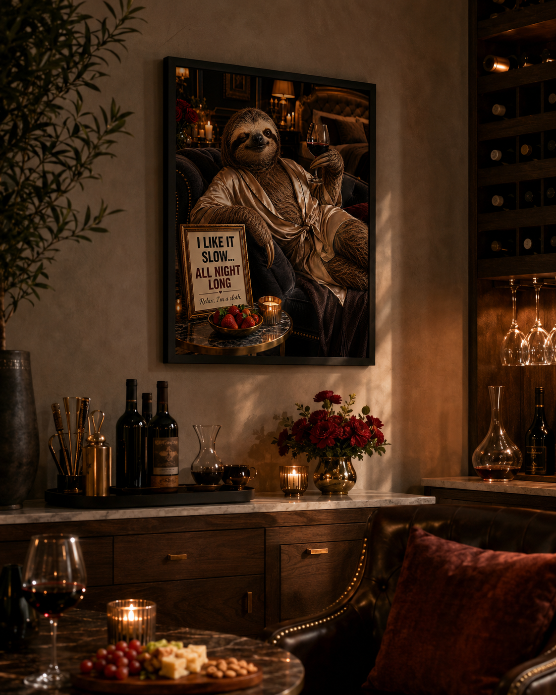 Funny Sloth Wine Poster, Luxury Bar Lounge Wall Decor with Adult Humor