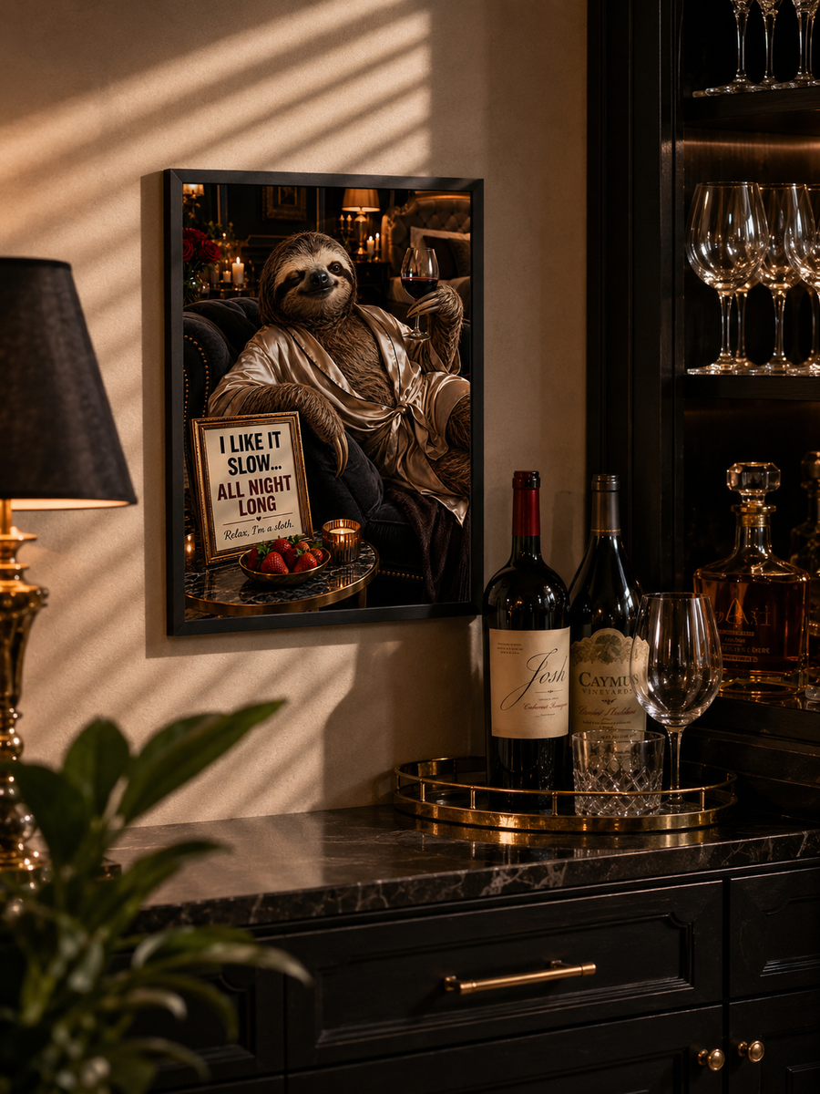Funny Sloth Wine Poster, Luxury Bar Lounge Wall Decor with Adult Humor